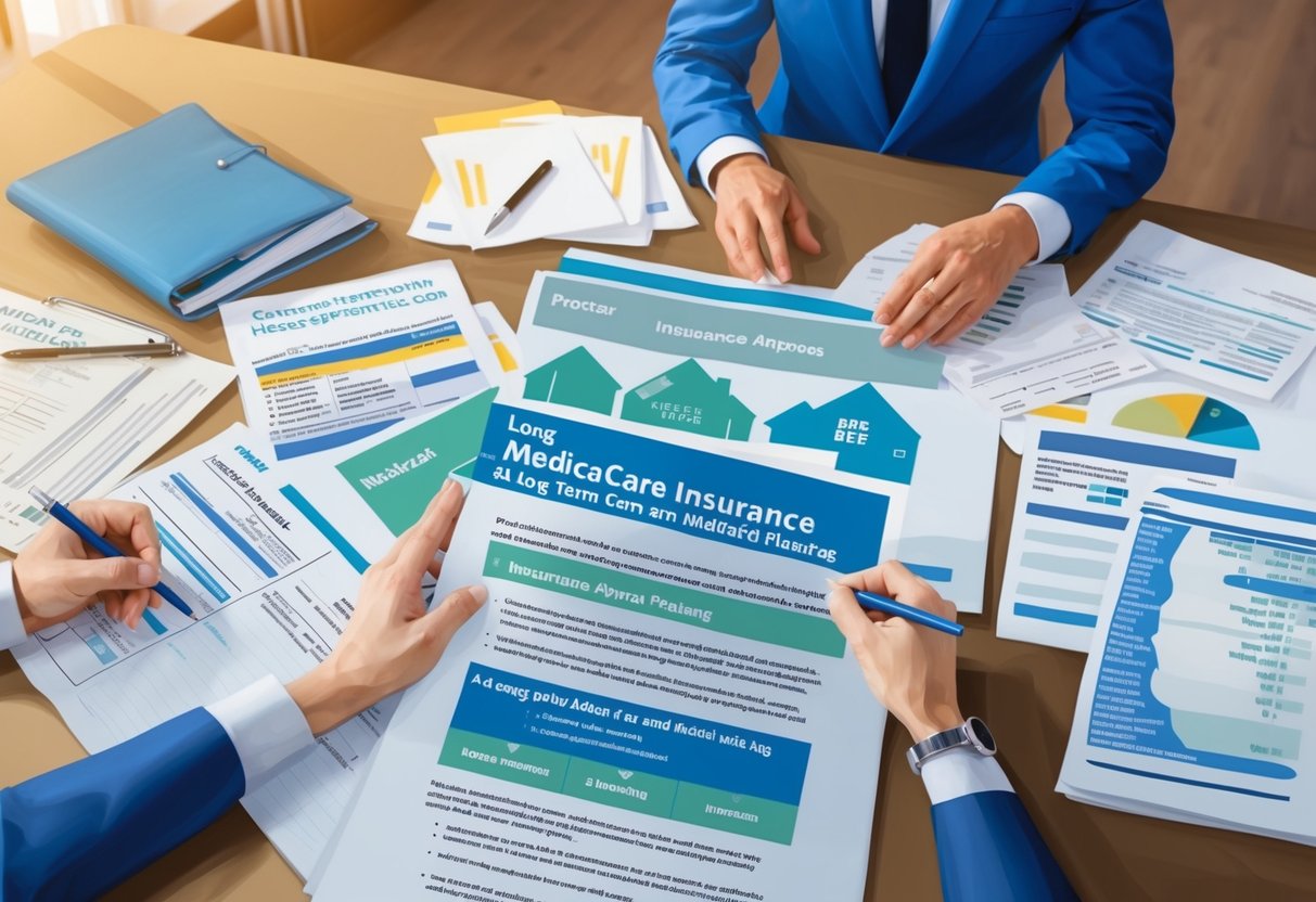 A person discussing long-term care insurance and Medicaid planning with an insurance agent, surrounded by paperwork and financial documents