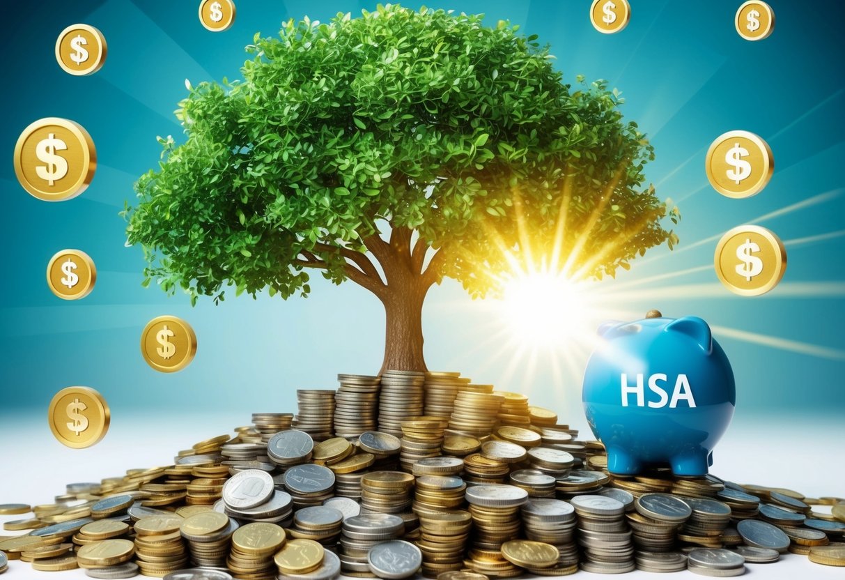 A tree growing from a pile of coins, surrounded by various investment symbols and an HSA account with a shining light representing tax benefits