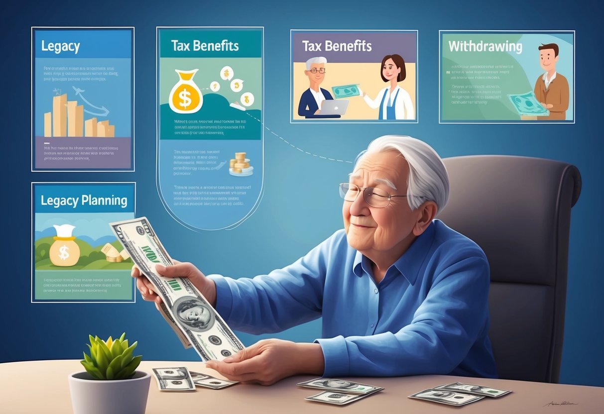 A serene elderly person peacefully withdrawing money from an HSA account, surrounded by images of tax benefits and legacy planning