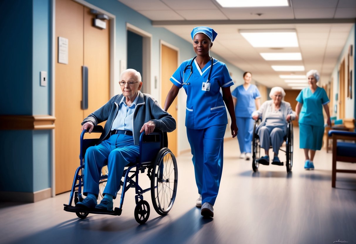 A nurse pushing a wheelchair-bound elderly person through a nursing home hallway, passing by other residents and staff