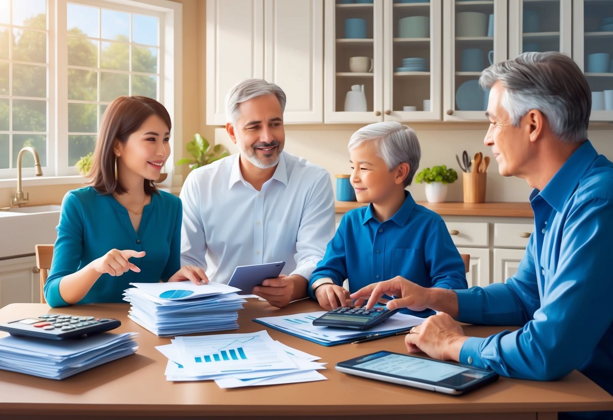 A family sitting at a kitchen table, with a stack of financial documents and a calculator, discussing the benefits of using HSAs in legacy planning