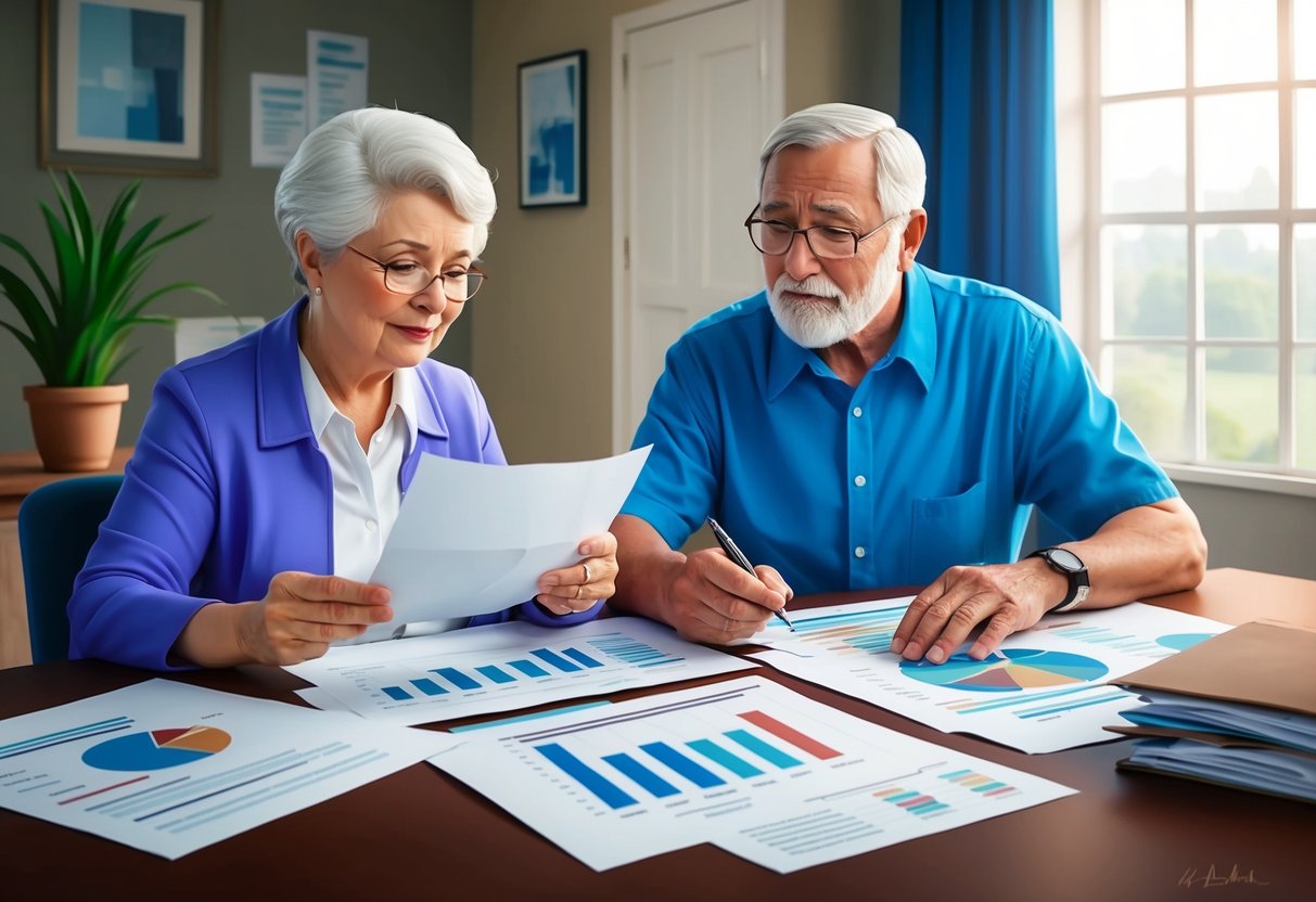 A senior couple reviewing paperwork with a Medicaid representative, discussing nursing home costs and coverage. Charts and graphs are spread out on the table