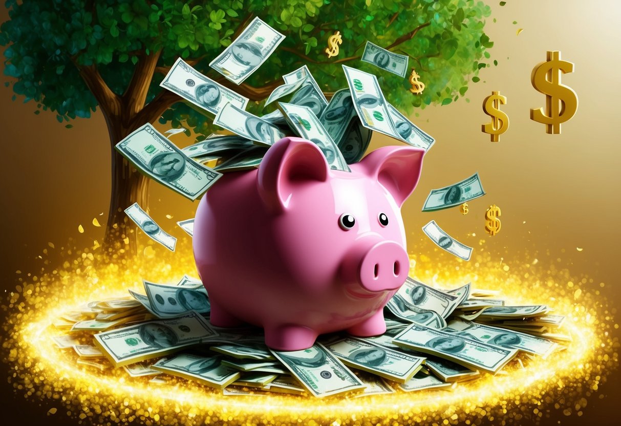 A piggy bank overflowing with money, surrounded by a golden glow, with a family tree and dollar signs in the background
