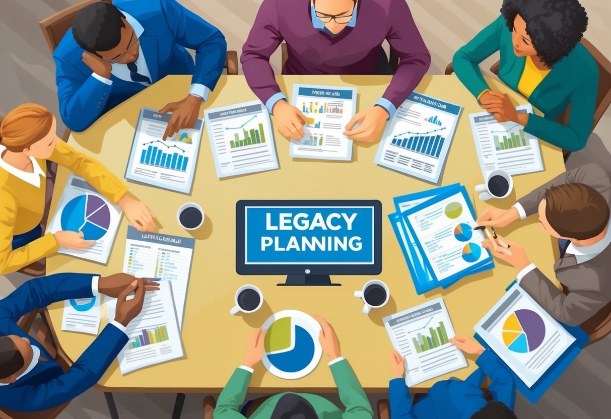 A family sitting around a table, discussing legacy planning and tax benefits of using HSAs. Documents and financial charts are spread out in front of them