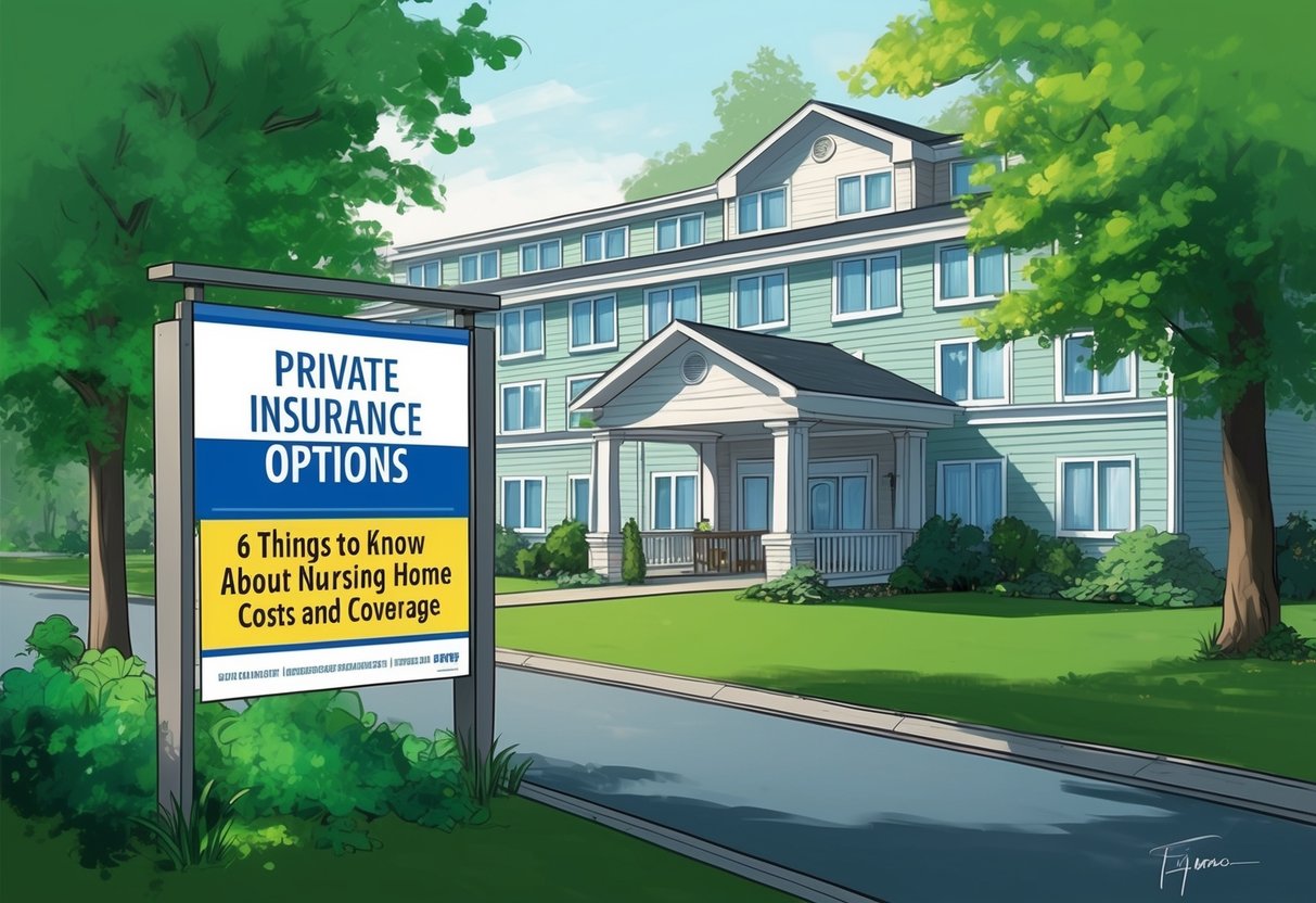 A nursing home surrounded by greenery, with a sign displaying "Private Insurance Options" and a list of "6 Things to Know About Nursing Home Costs and Coverage."