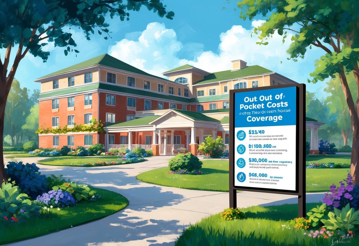 A nursing home surrounded by a lush garden, with a sign displaying the out-of-pocket costs and coverage information