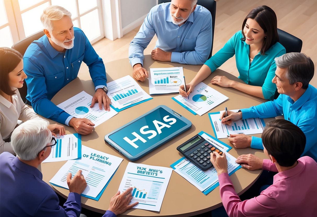 A family sitting around a table, surrounded by financial documents and a calculator, discussing the tax benefits of using HSAs for legacy planning