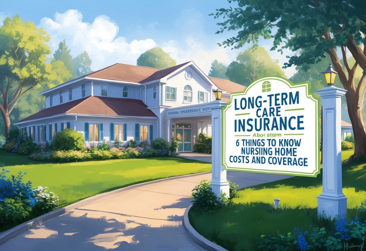 A serene nursing home surrounded by lush gardens, with a sign displaying "Long-term Care Insurance 6 Things to Know About Nursing Home Costs and Coverage" prominently placed at the entrance