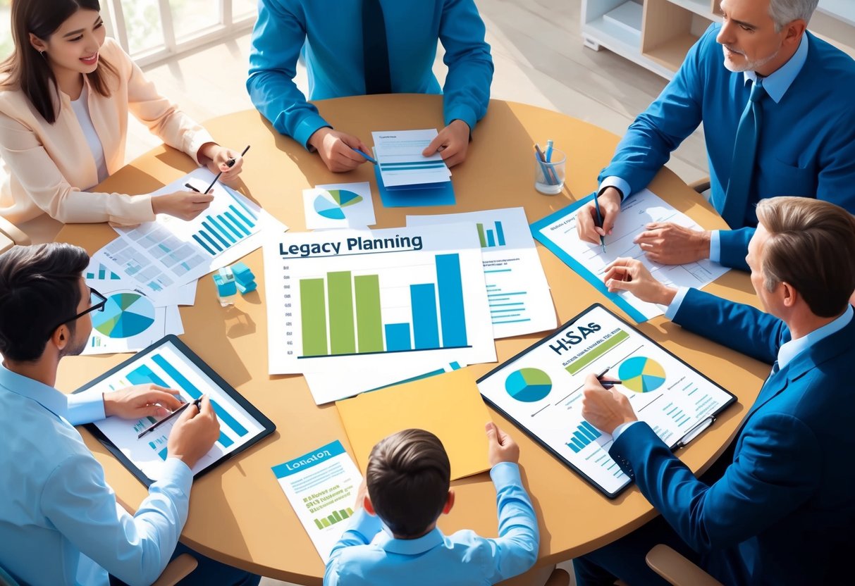 A family sitting around a table, discussing legacy planning and the tax benefits of using HSAs. Financial documents and charts are spread out in front of them