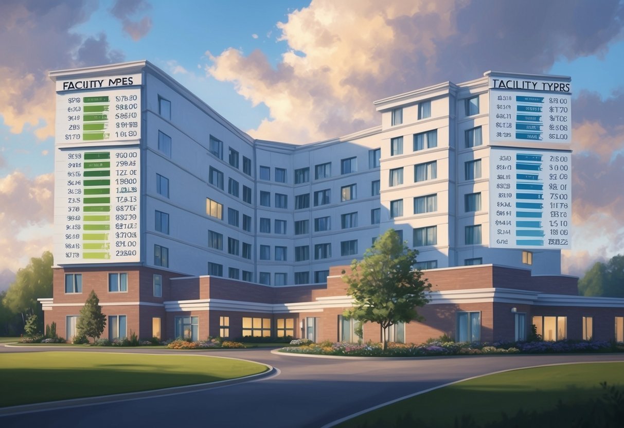 A nursing home building with various facility types and associated cost charts displayed on the walls