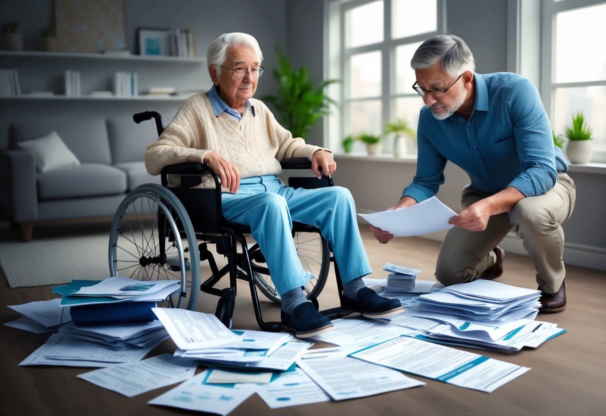 An elderly person sitting in a wheelchair surrounded by paperwork and financial documents, with a concerned family member looking over the information