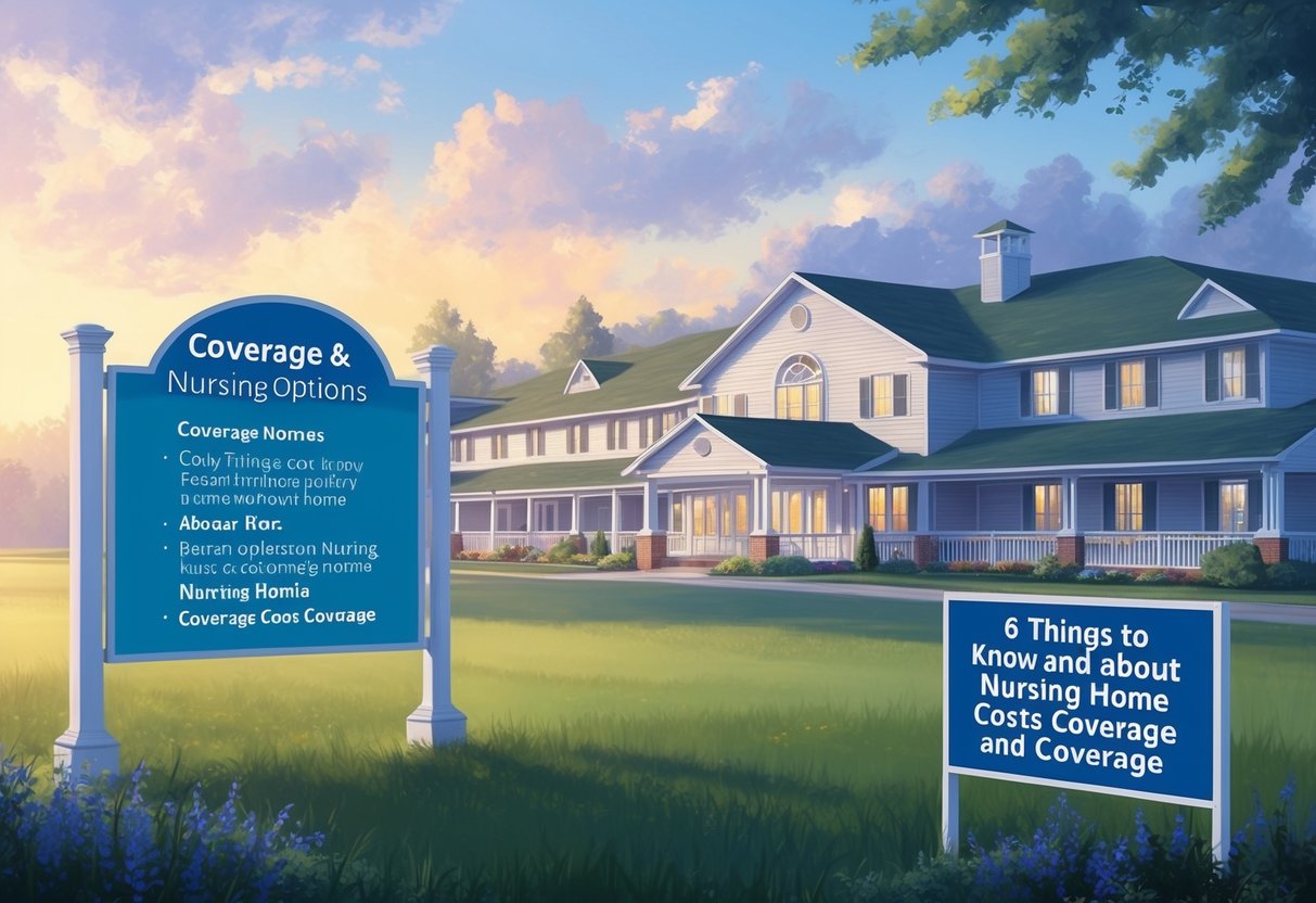 A serene nursing home with a sign displaying coverage options and a list of six things to know about nursing home costs and coverage