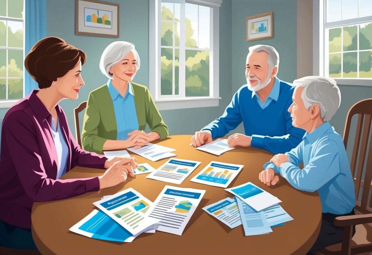 A family sitting around a table, discussing long-term care insurance options for Alzheimer's disease. Papers and brochures scattered on the table