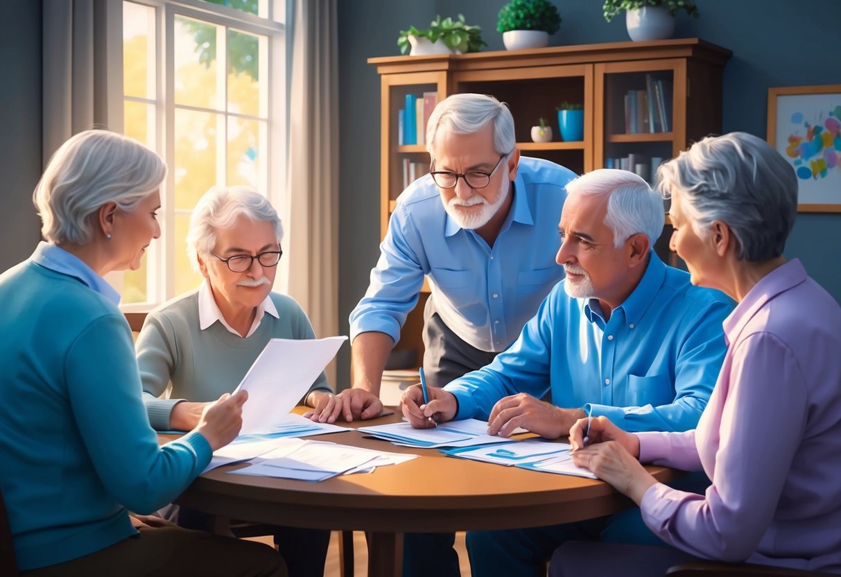 A family gathering around a table, looking through paperwork and discussing Medicaid eligibility for Alzheimer's care