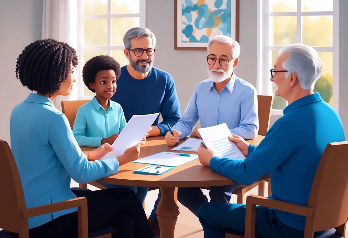 A family sitting around a table, reviewing documents and discussing healthcare options for a loved one with Alzheimer's
