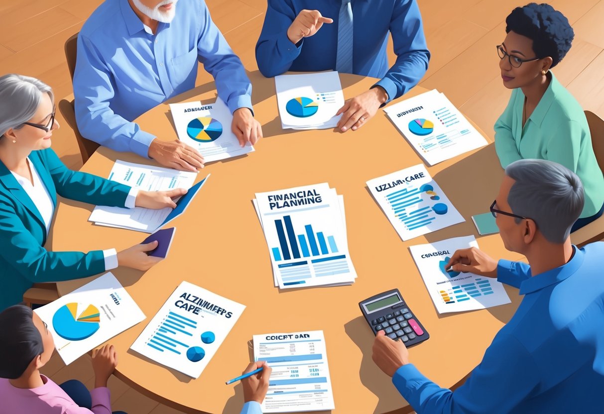 A family sitting around a table, discussing financial planning and healthcare options for Alzheimer's care. Documents and a calculator are spread out on the table