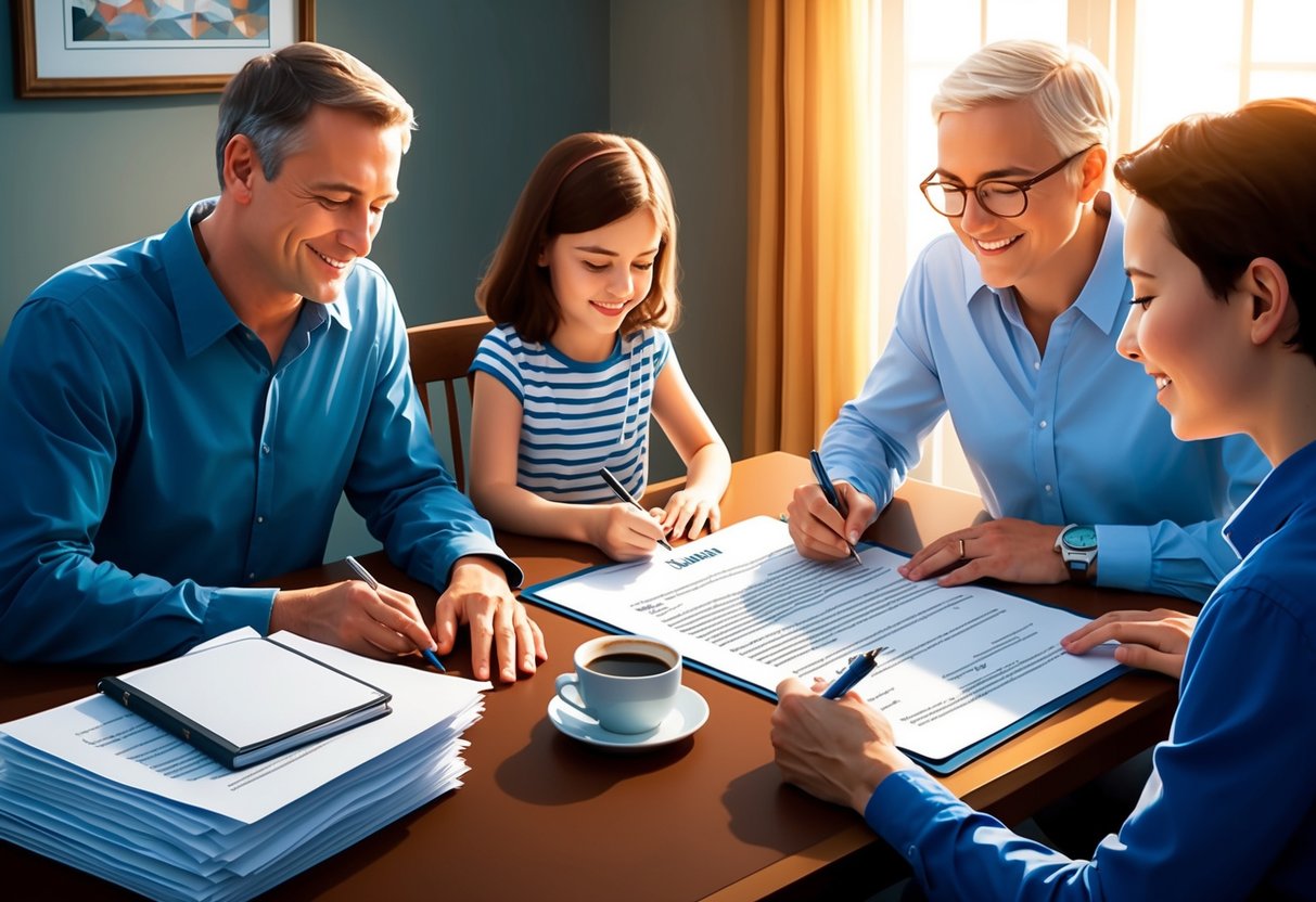 A family sitting around a table, signing a document. A stack of papers, a pen, and a cup of coffee are visible