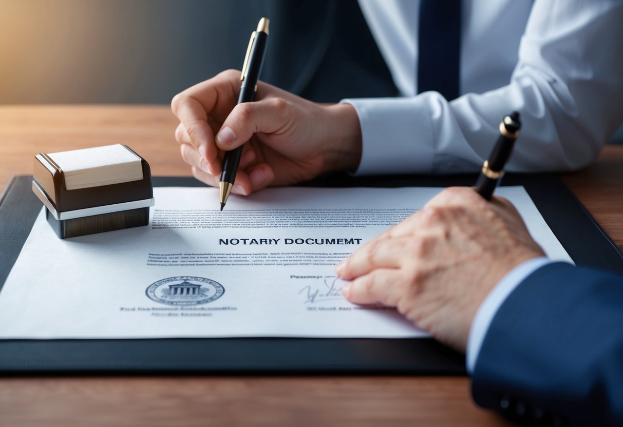 A person signing a legal document with a notary stamp and pen