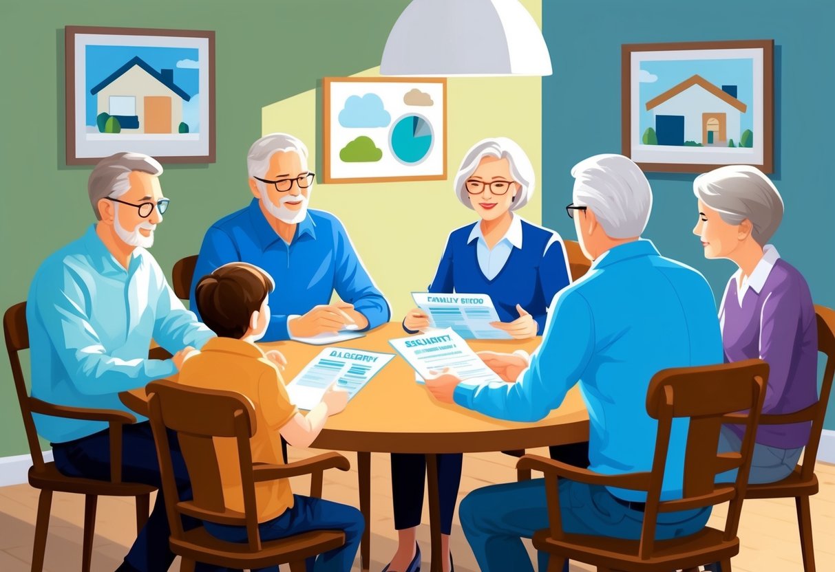 A family sitting around a table, discussing Social Security options and reviewing an 8-step plan to protect against Alzheimer's care costs