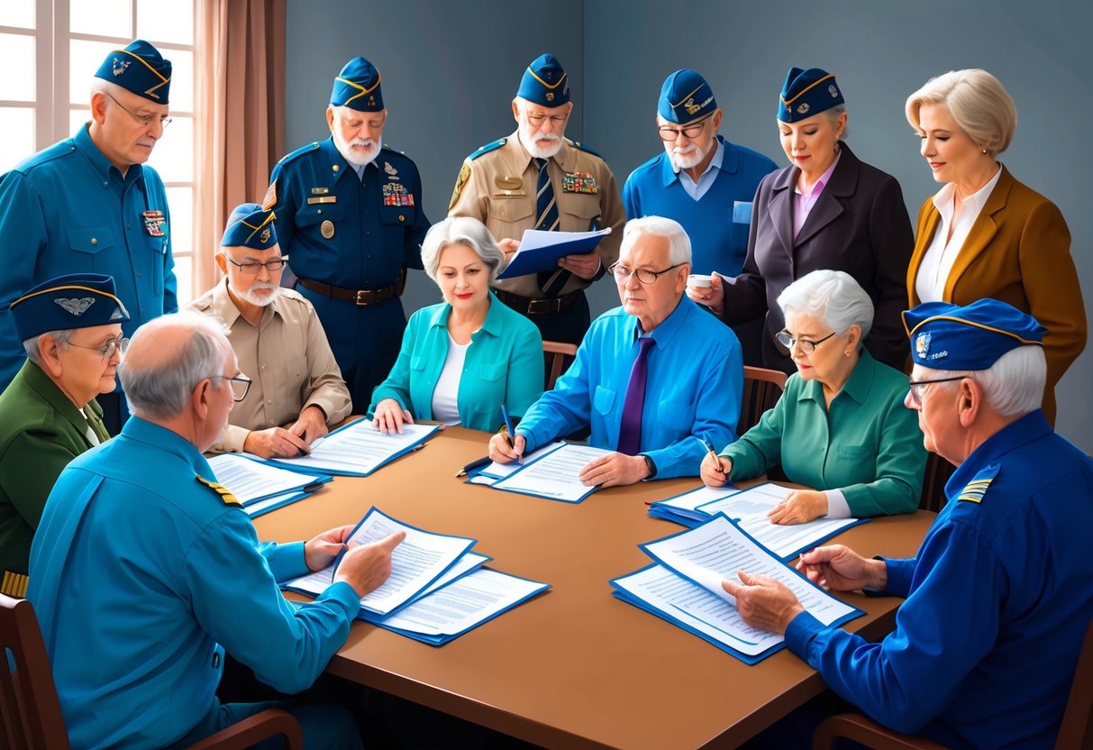 A group of veterans and family members gather around a table, discussing and reviewing documents related to veterans' benefits and Alzheimer's care costs