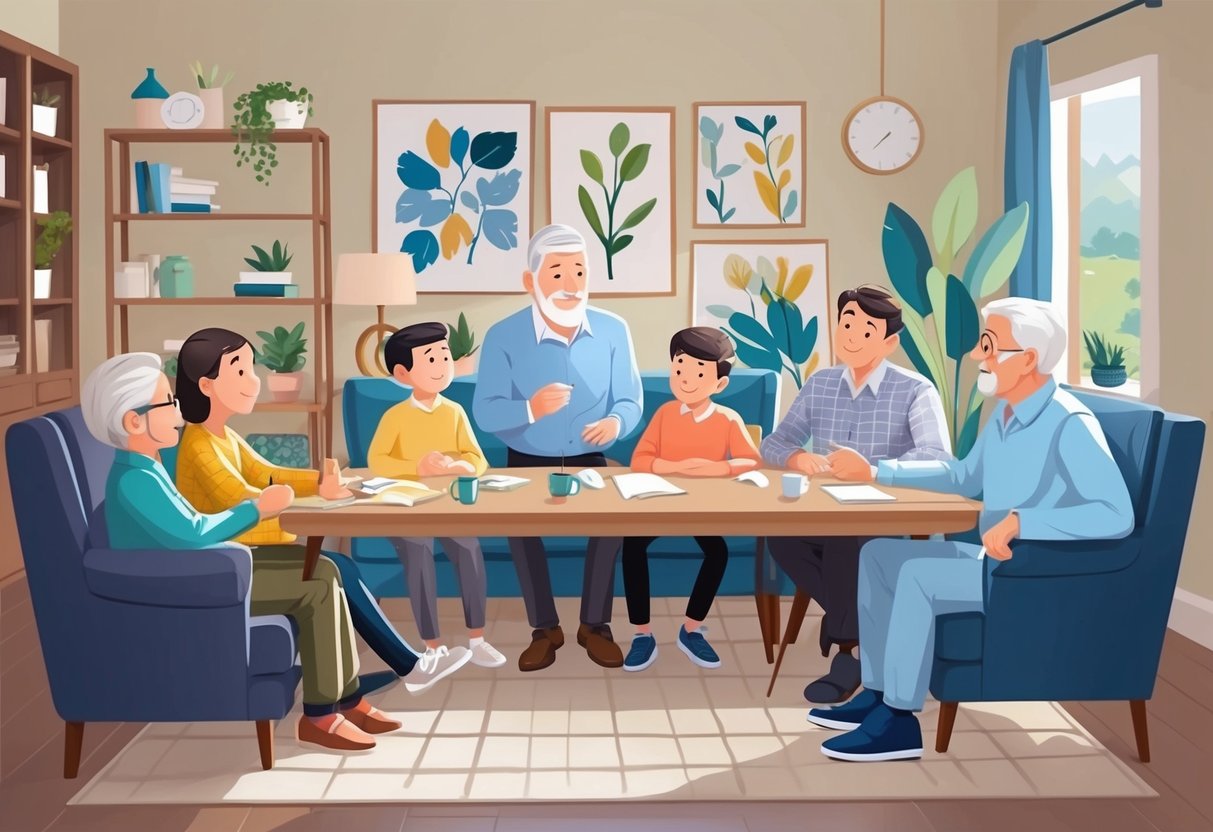 A cozy living room with a family gathered around a table, discussing financial planning and healthcare options for a loved one with Alzheimer's