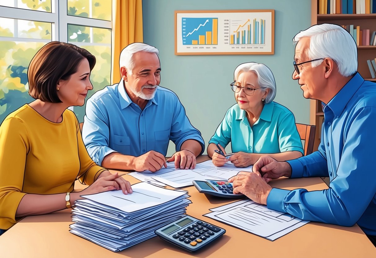 A family sitting around a table, discussing financial planning strategies to protect themselves from Alzheimer's care costs. A stack of papers and a calculator are on the table