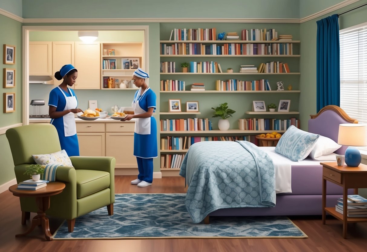 A cozy living room with a comfortable armchair and a neatly made bed, surrounded by shelves of books and family photos. A caregiver is preparing a meal in the kitchen, while a nurse is checking on a resident in their private room