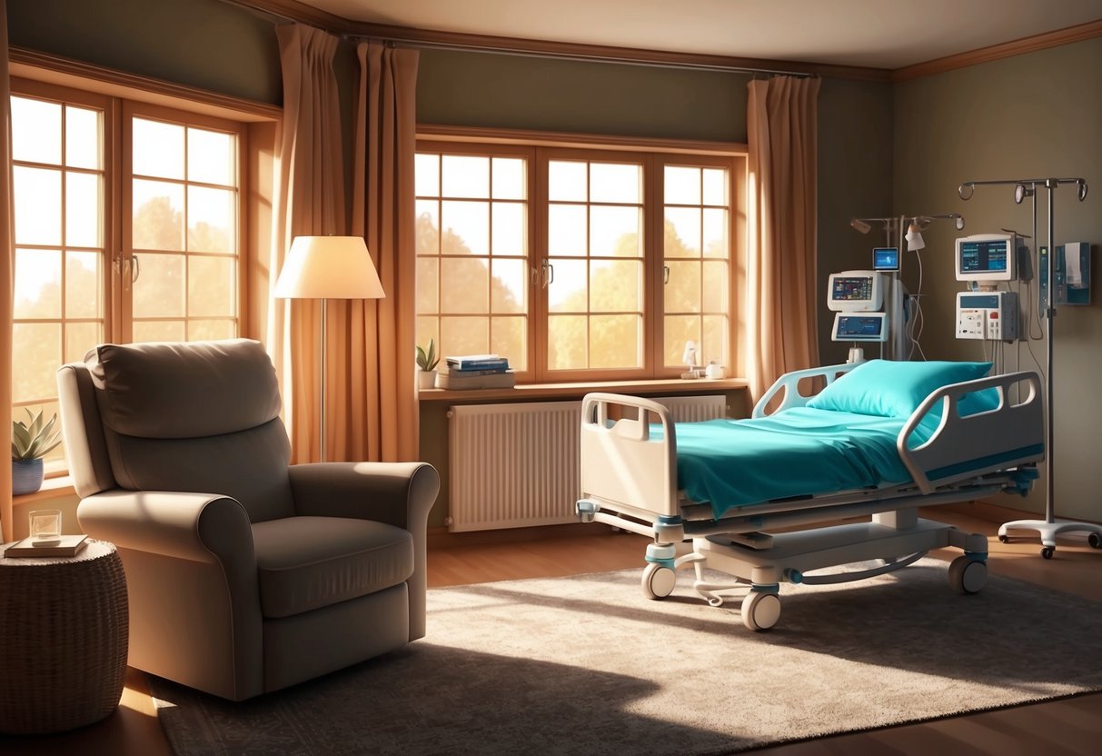 A cozy living room with a comfortable armchair and a nearby bedroom with a hospital bed and medical equipment. The room is filled with warm natural light from large windows