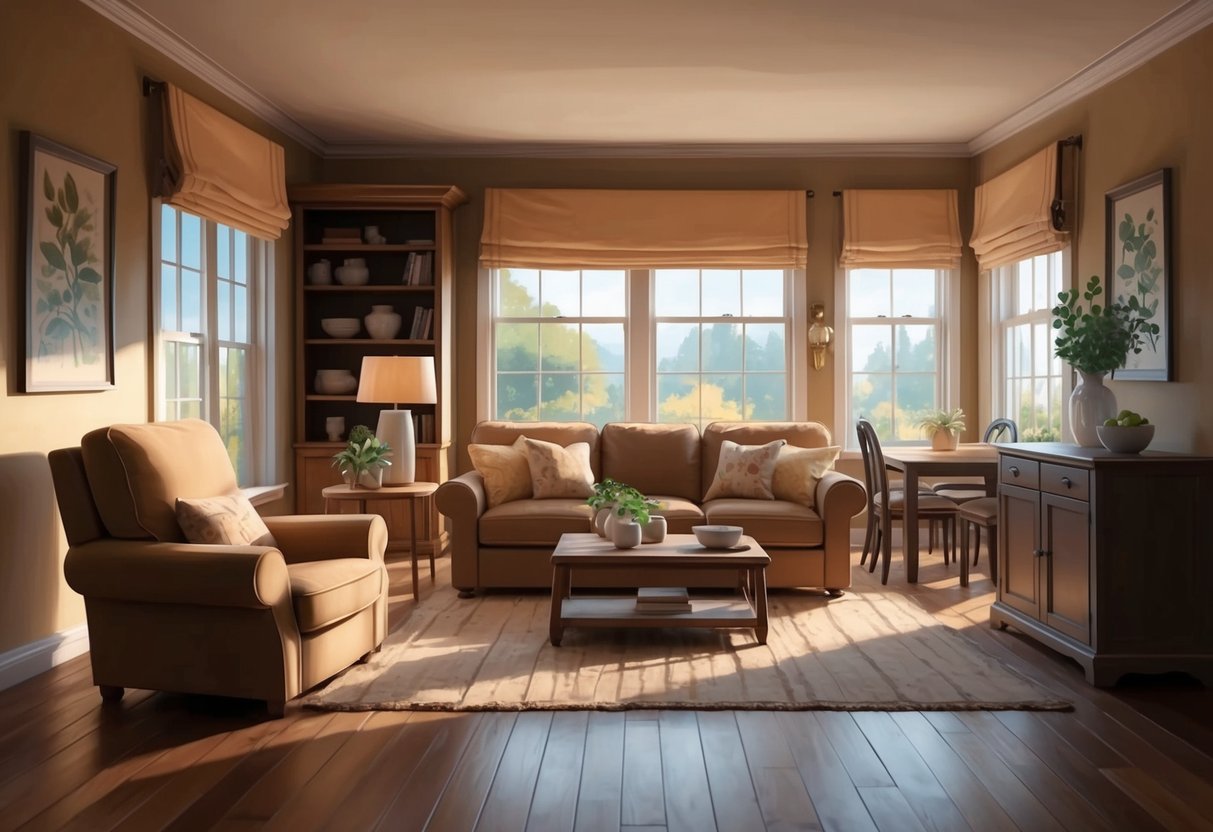 A cozy living room with a warm, inviting atmosphere, featuring a comfortable armchair and a nearby dining area. The room is filled with natural light, creating a sense of comfort and community