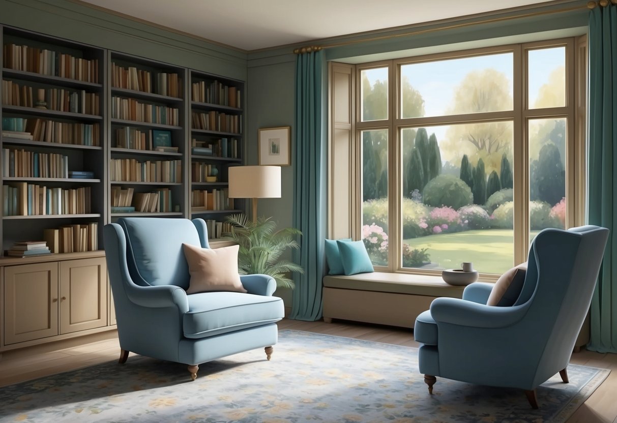 A serene living room with a comfortable armchair, a well-stocked bookshelf, and a large window overlooking a peaceful garden