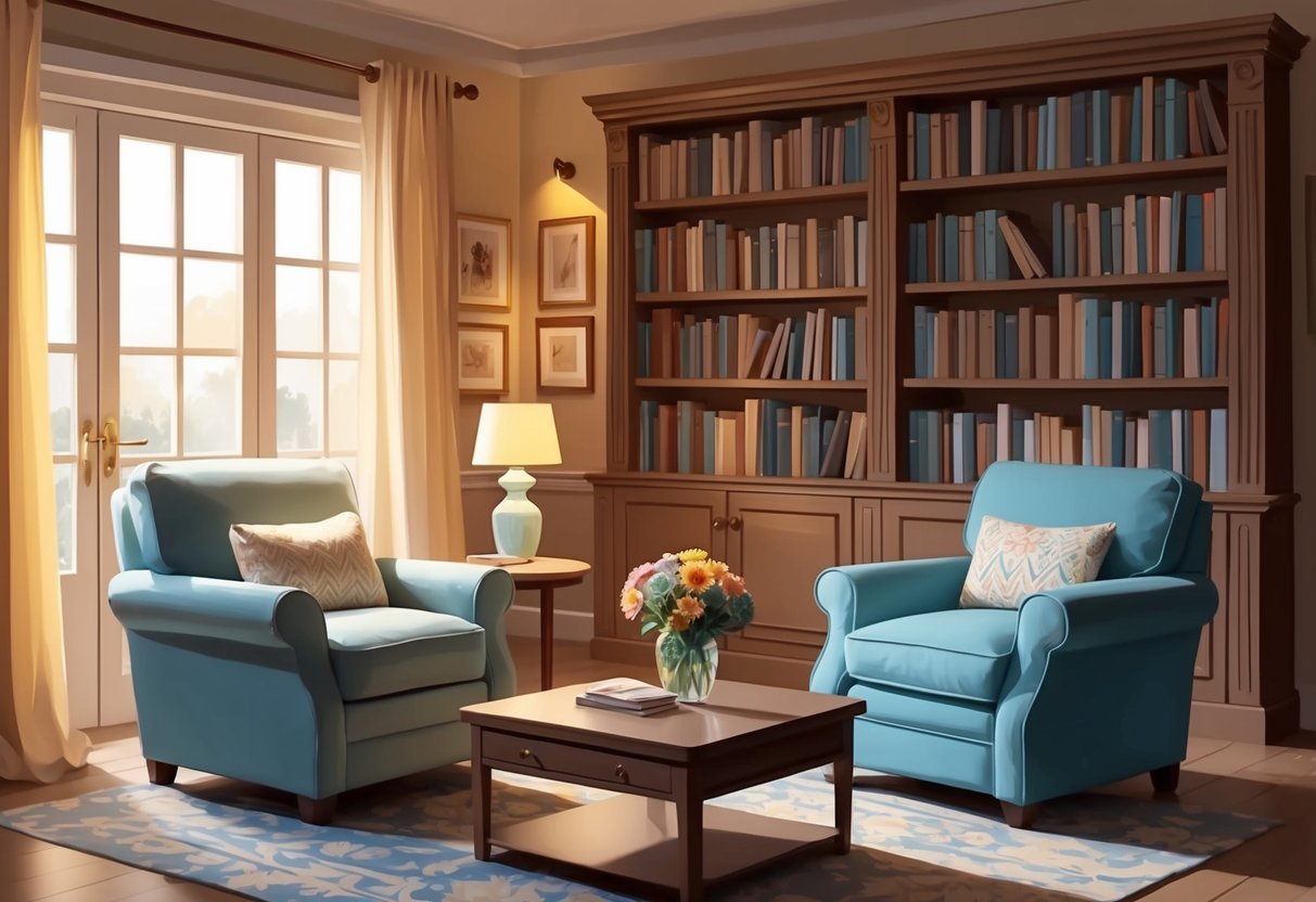 A cozy living room with a comfortable armchair and a well-stocked bookshelf. A warm, inviting atmosphere with soft lighting and a vase of fresh flowers on the coffee table