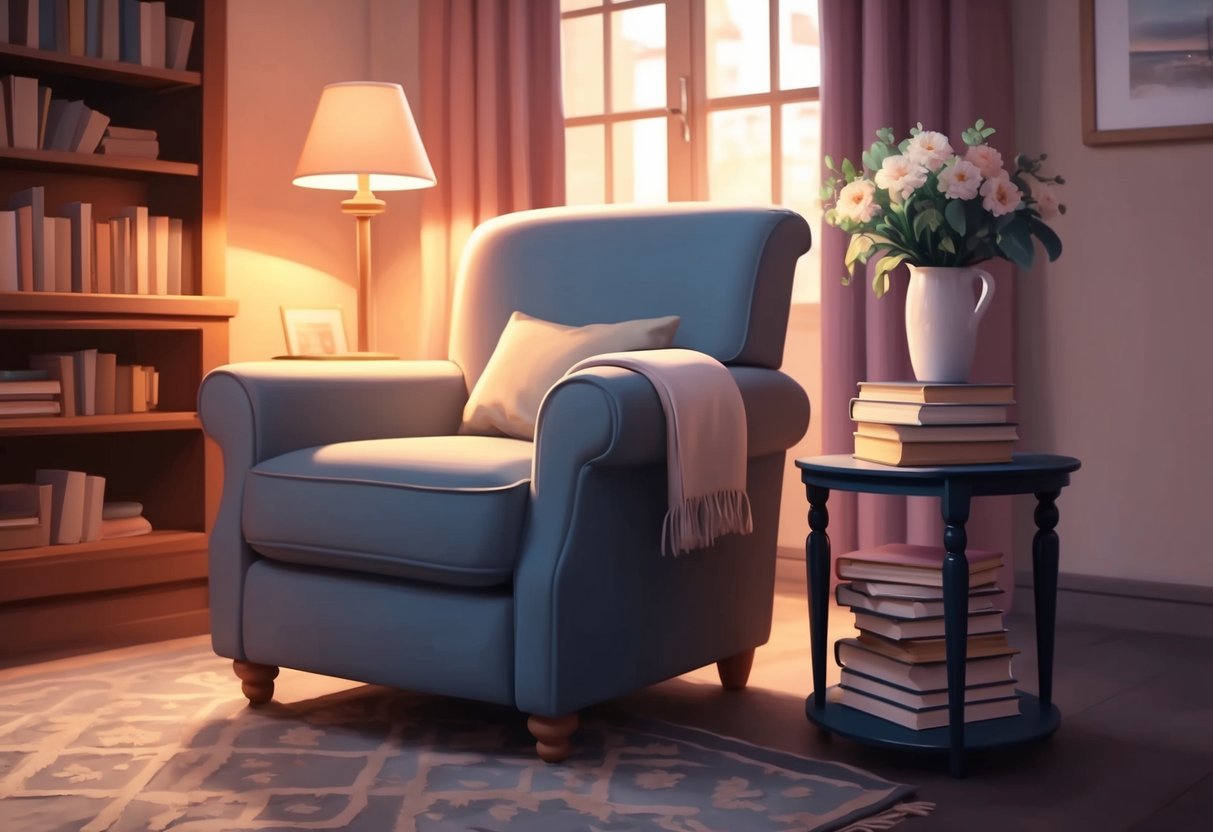 A cozy living room with a comfortable armchair and a side table holding a stack of books. A warm, inviting atmosphere with soft lighting and a vase of fresh flowers