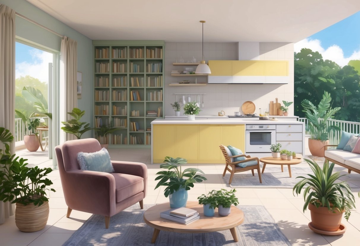 A serene living room with a cozy armchair and a well-stocked bookshelf, a bright kitchen with modern appliances, and a peaceful outdoor patio with potted plants and comfortable seating options