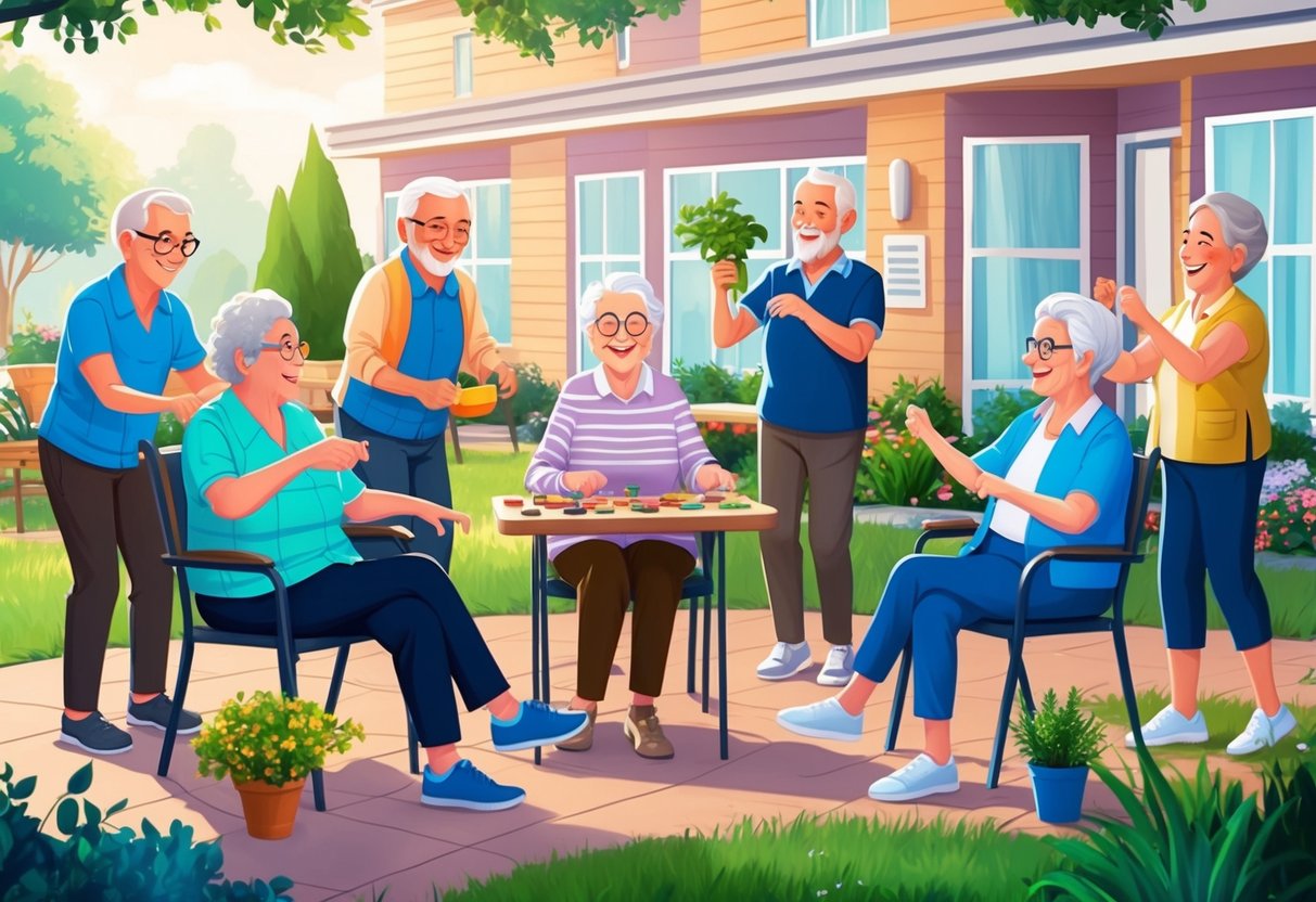 A group of elderly individuals engaging in a variety of social activities such as playing games, gardening, and exercising in a vibrant and welcoming environment