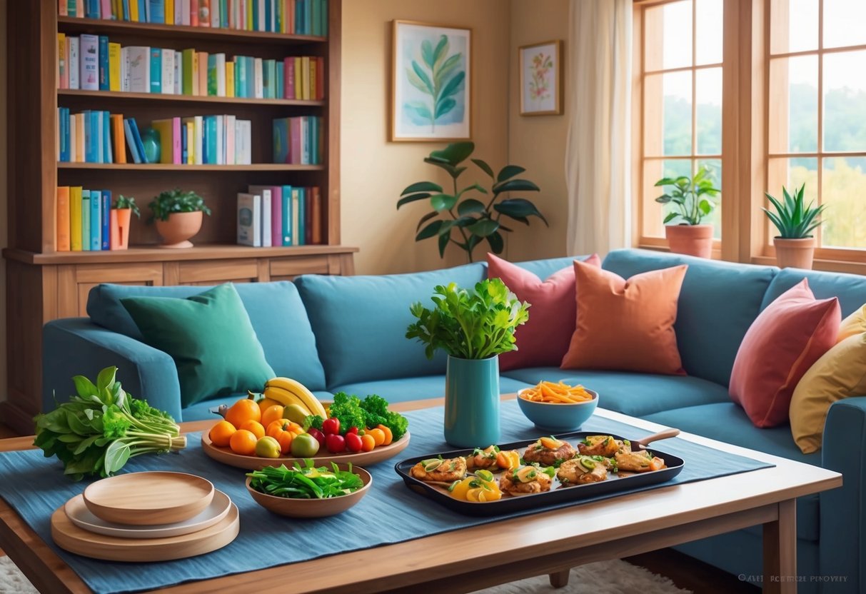 A cozy living room with a dining table set for two, one side featuring fresh fruits and vegetables, while the other has a tray of prepared meals. A window lets in natural light, and a bookshelf in the background holds cookbooks and wellness guides