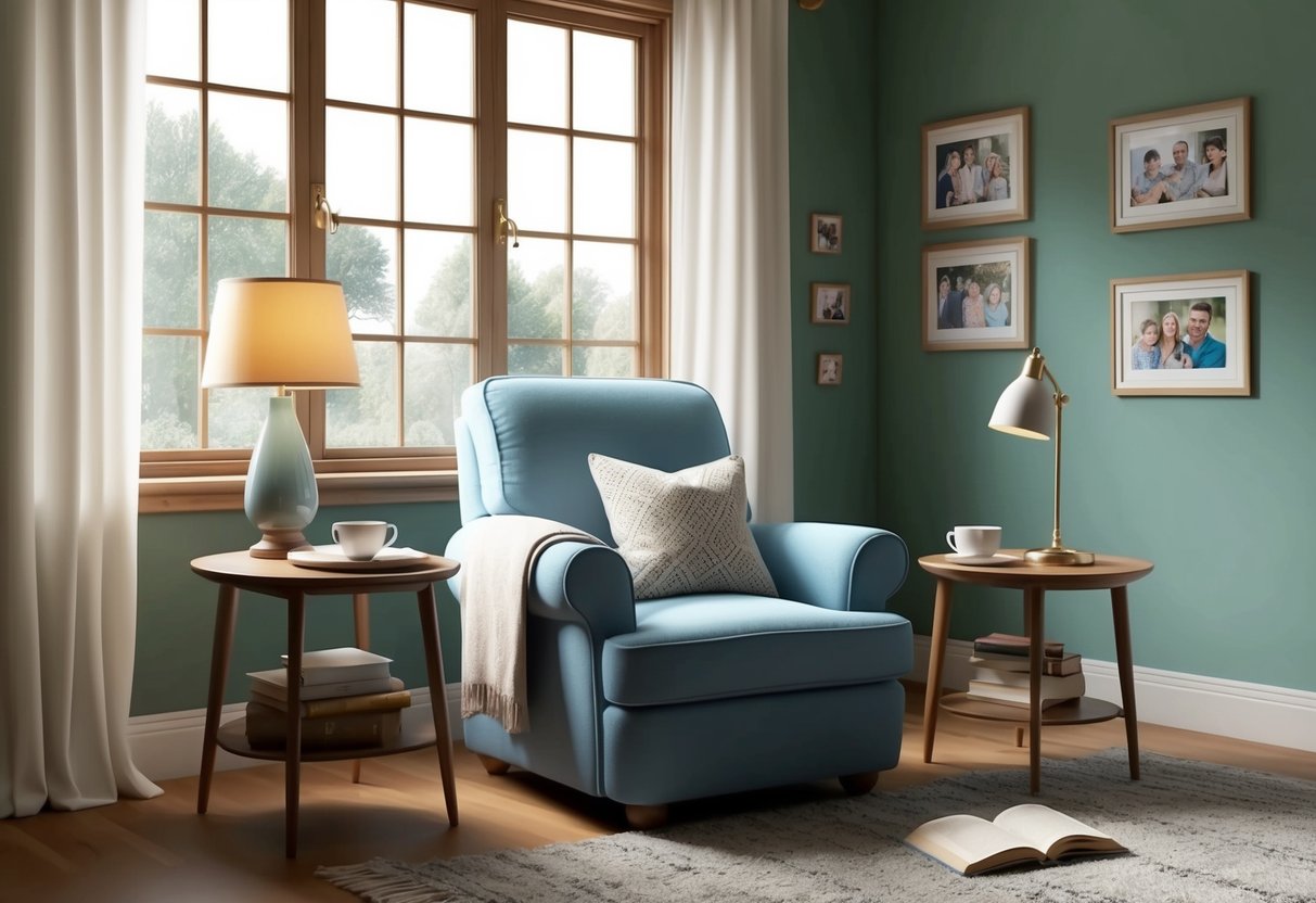 A cozy living room with a comfortable armchair and a side table with a lamp, a book, and a cup of tea. A large window lets in natural light, and there are framed family photos on the wall
