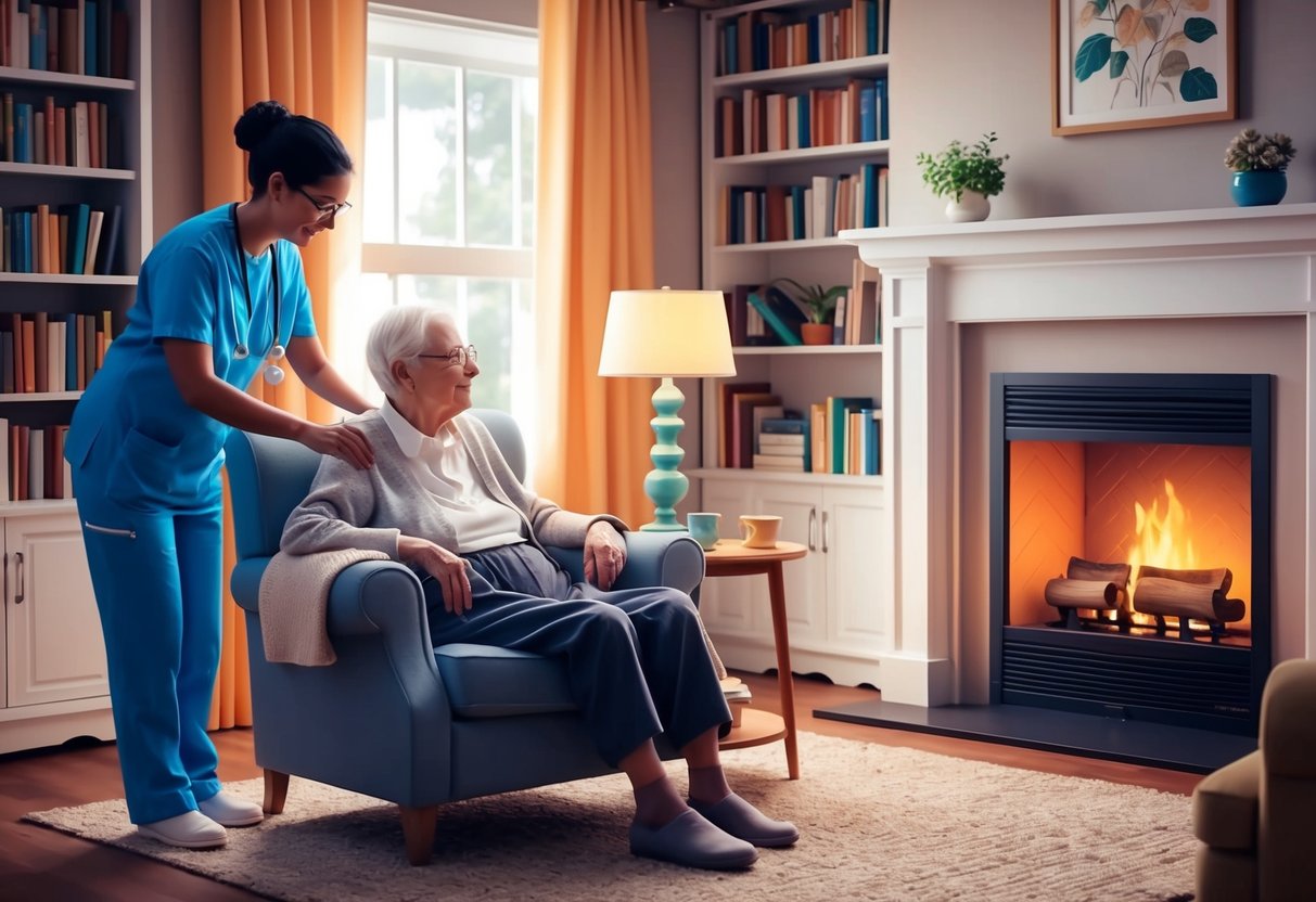 A cozy living room with a comfortable armchair, a warm fireplace, and a bookshelf filled with books. A caregiver is assisting an elderly person with daily activities