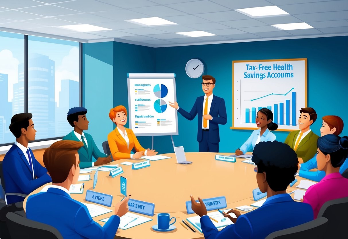 A diverse group of employees receiving information about tax-free health savings accounts from a presenter in a conference room with a whiteboard and charts