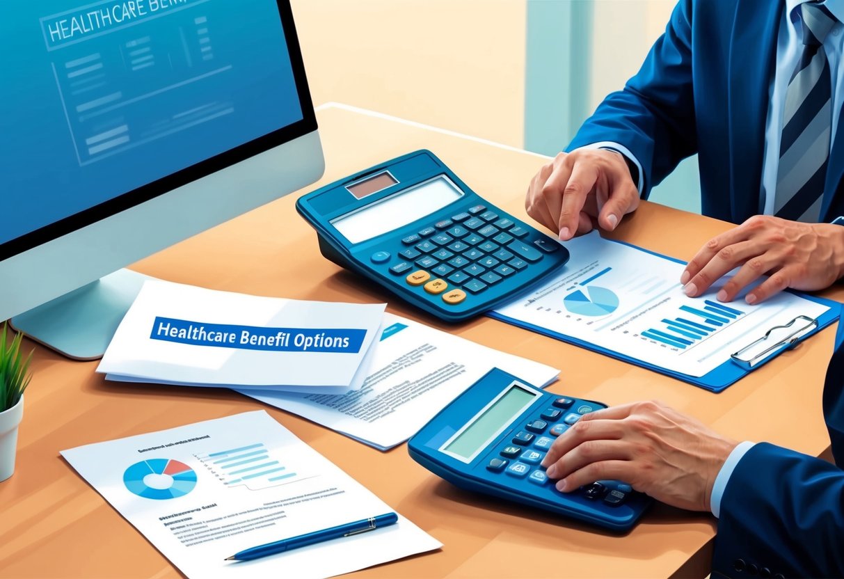 A desk with a computer, paperwork, and a calculator. A person reviewing healthcare benefit options