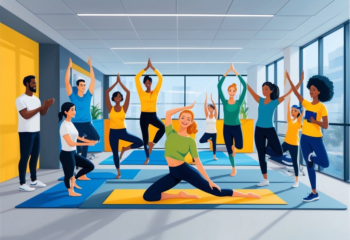 A group of diverse employees engage in wellness activities, such as yoga, nutrition classes, and team sports, in a modern office setting