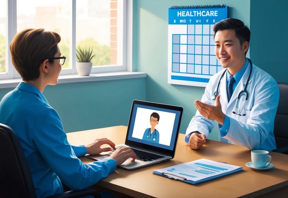 A person sitting at a desk with a laptop, engaging in a video call with a healthcare provider. A calendar and a list of benefits are visible in the background