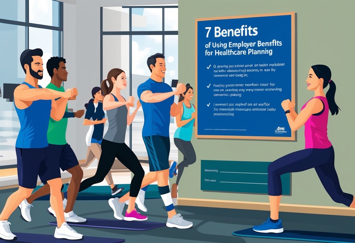 A group of people exercising at a gym, with a sign advertising discounted memberships. A poster lists 7 benefits of using employer benefits for healthcare planning