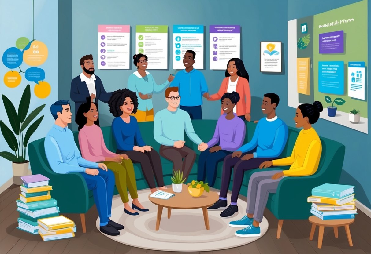 A group of diverse individuals receiving support and guidance in a welcoming and comfortable environment, surrounded by resources and information about mental health support programs