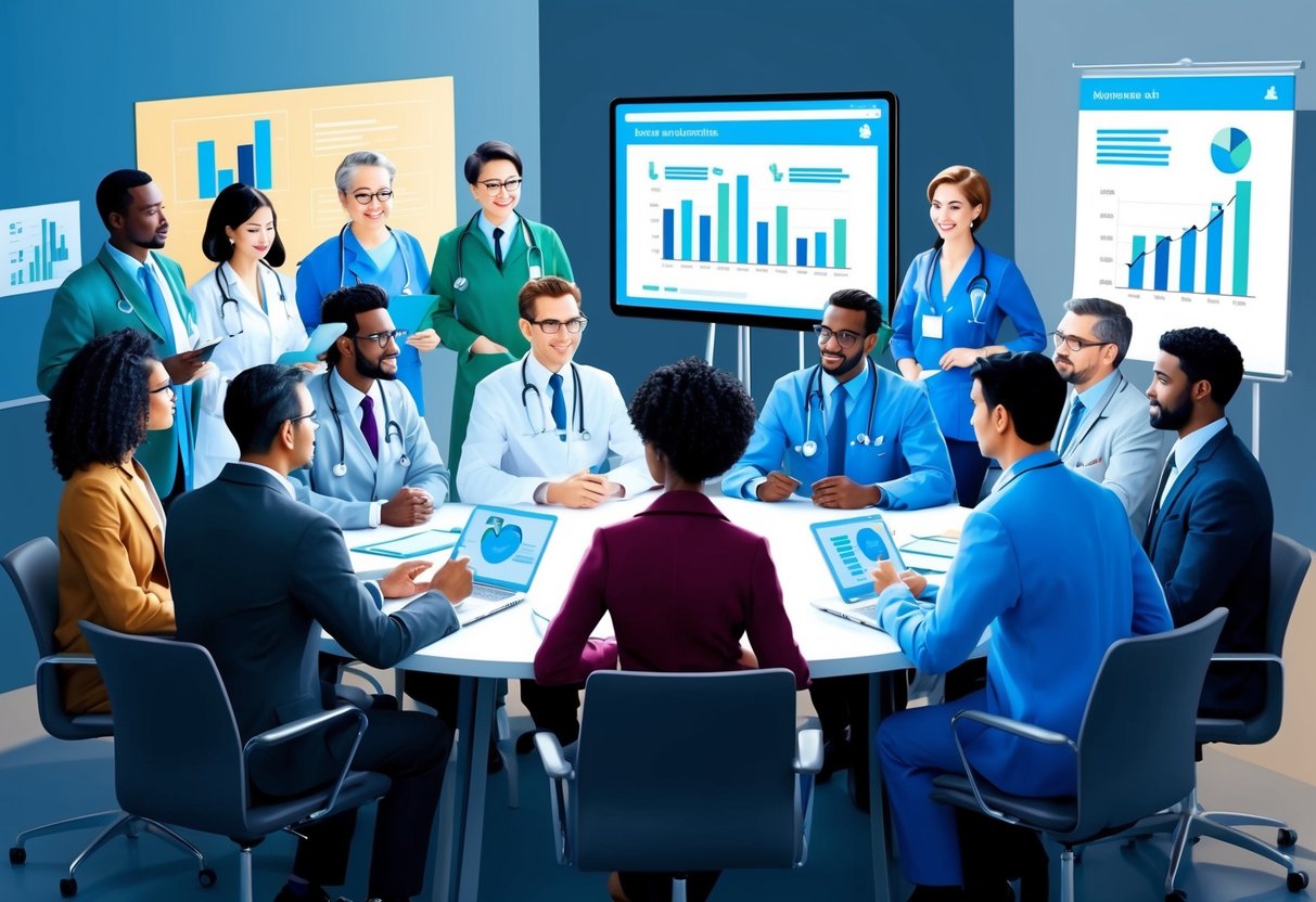 A group of diverse professionals gather around a table, discussing healthcare benefits and preventive care incentives. Charts and graphs are displayed on a screen in the background