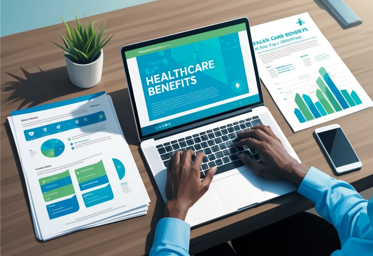 A desk with a laptop, paperwork, and a healthcare benefits brochure. A person researching and planning healthcare options