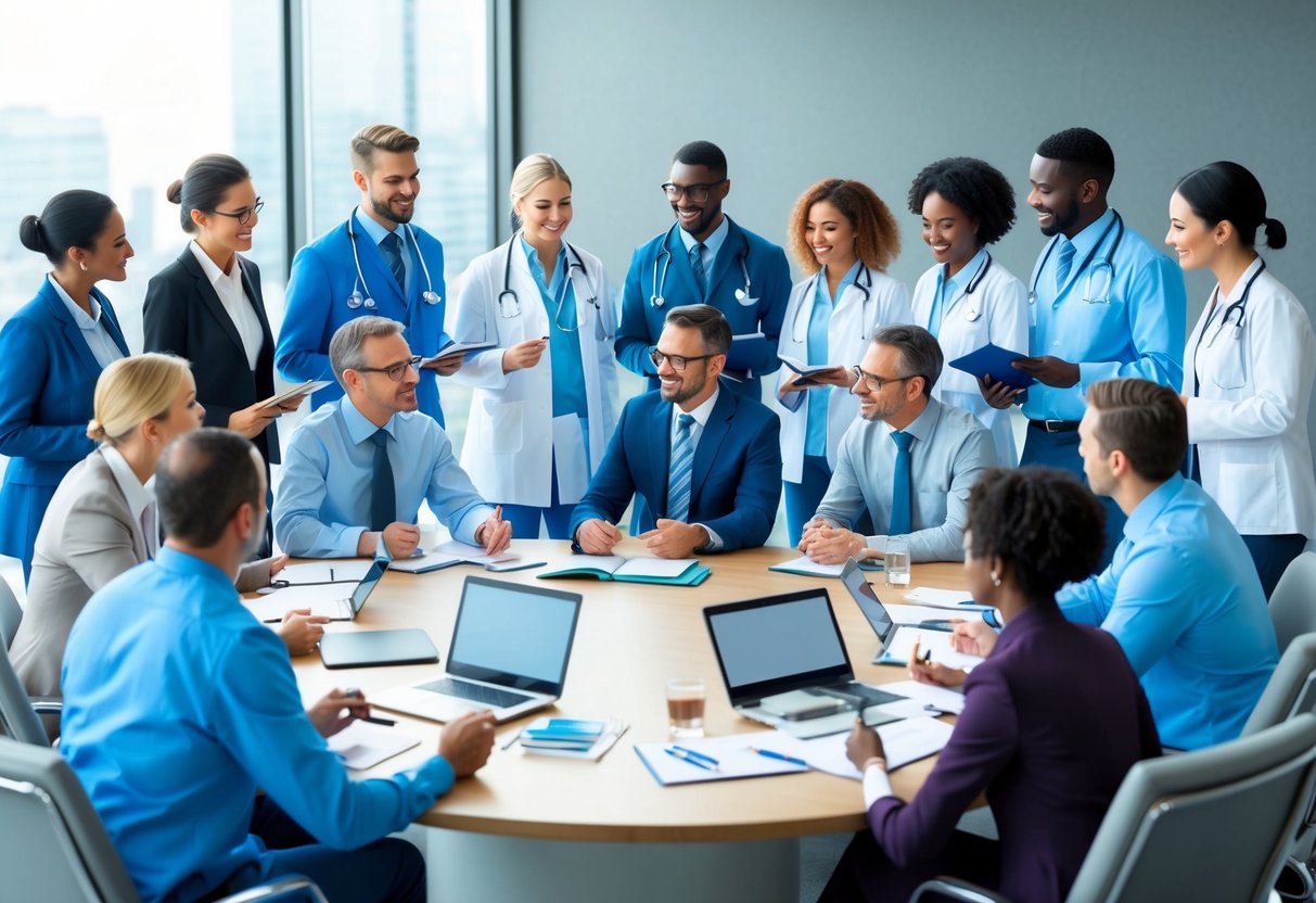 A group of healthcare professionals and business executives gather around a conference table, brainstorming and strategizing ways to leverage employer benefits for healthcare planning