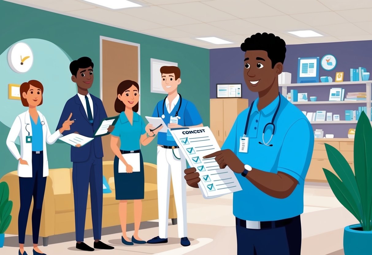 A person inspecting a care facility with a checklist, talking to staff, checking licenses, and reviewing documents