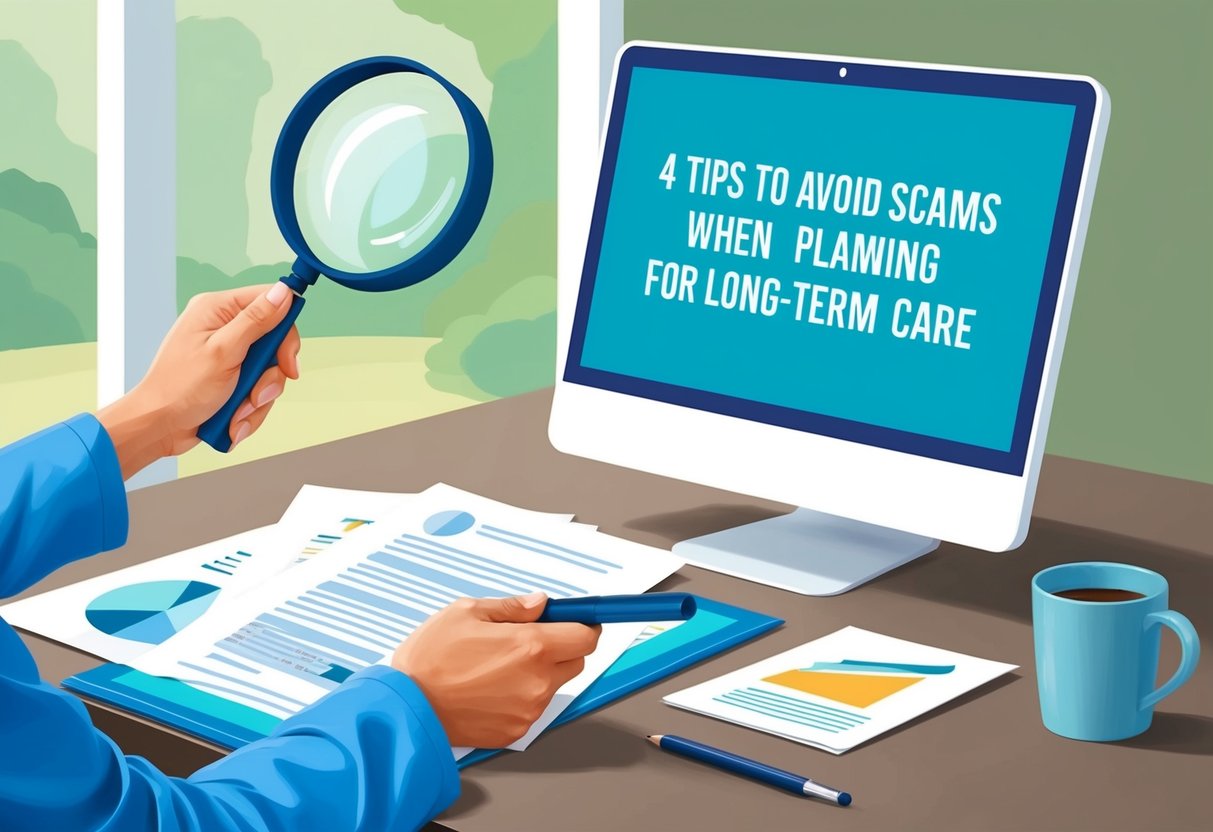 A caregiver's hand holding a magnifying glass, examining documents with caution. A computer screen shows "4 Tips to Avoid Scams When Planning for Long-Term Care."