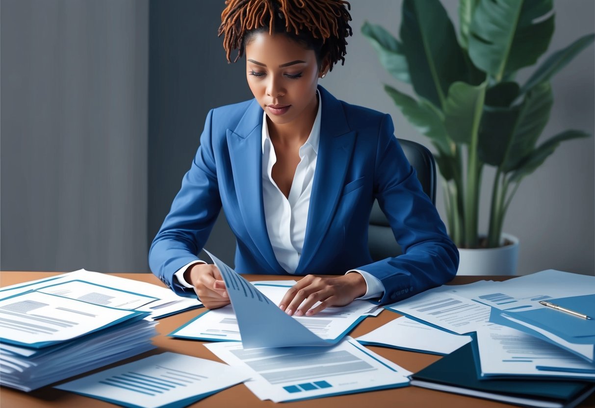 A person sitting at a desk, surrounded by paperwork and contracts. They are carefully reviewing each document with a focused expression