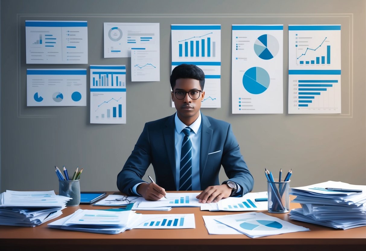 A person sitting at a desk, surrounded by financial documents and charts, consulting with a trusted advisor